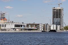 South River Terminal building and quay in Moscow with boats docked