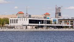 Moscow South River Terminal building and quay in spring