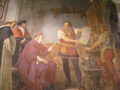 Historical fresco of a 15th-century printing workshop showing craftsmen at work with printing equipment