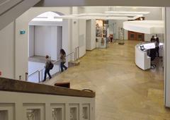 View from staircase into foyer at Linden Museum Stuttgart
