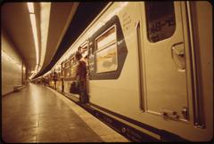 View of a railway station platform with trains standing on both sides