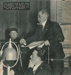 Historical courtroom scene of Charles Maurras and Maurice Pujo trial in Lyon's historic courthouse on February 8, 1945