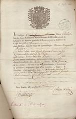 Historical authorization letter for Marie Marguerite Xavier to leave the Charité Hospital for four years to apprentice with Joseph Jernieux, a silk worker on Quai du Rhône