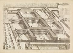 Engraved perspective view of the Hospital de la Charité in Lyon from the mid-17th century showing the west facade with church and Rue de la Charité in foreground, and east side facing the Rhône quays in background