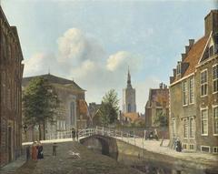 Daily activities along the Paviljoensgracht canal with St. Jacobskerk church in the distance, The Hague