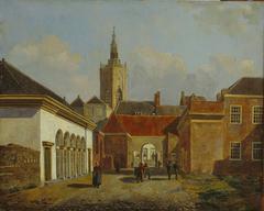 Historical street scene of De Korte Lombardstraat in 1828 with buildings and horse-drawn carriages
