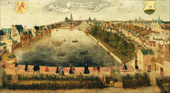 Hofvijver pond in The Hague viewed from the Doelen shooting ranges with historic buildings and reflections in the water