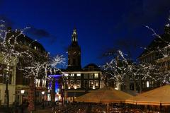 Grote Kerk and Grote Markt illuminated at night in Den Haag