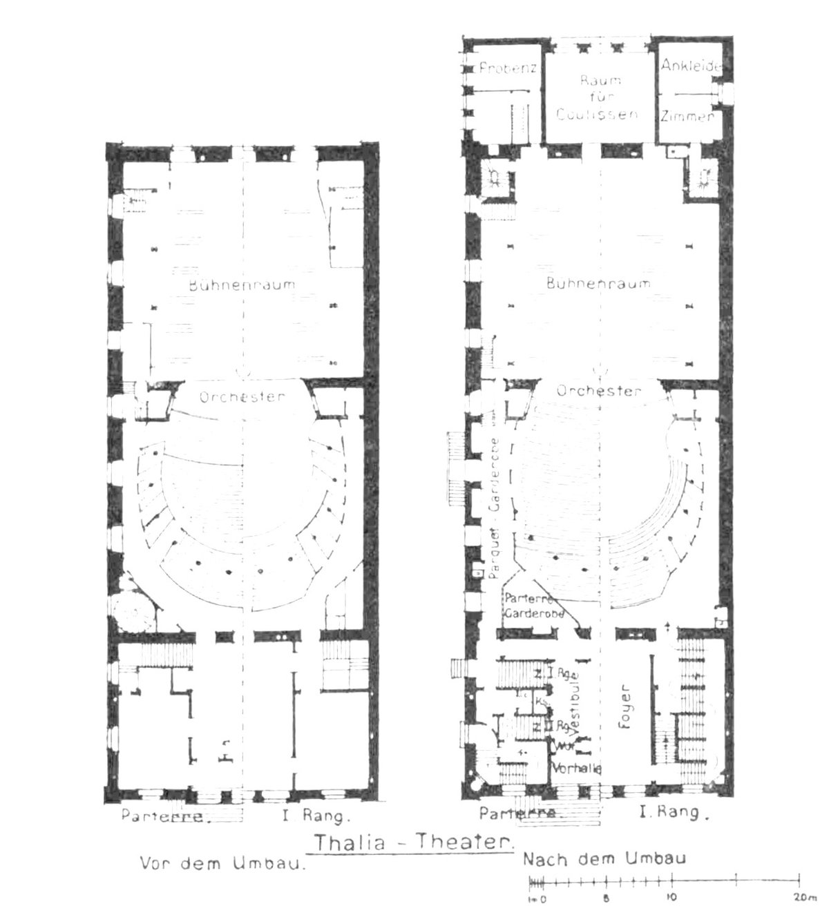 Floor plans of Thalia-Theater in Hamburg before and after renovation