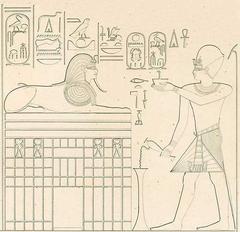 Thutmose IV seated in front of the Great Sphinx of Giza with the Sphinx Stele