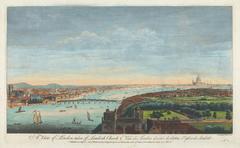 Hand-coloured engraving of London view from Lambeth Church showing Lambeth Marsh, Lambeth Palace, Westminster, Westminster Bridge and St Paul's Cathedral