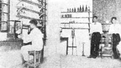 Historical image of the Department of Sericulture at Lingnan University with silk testing activities in 1928
