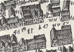 Detail of Rosen's elevated map of Copenhagen featuring Gråbrødretorv with a narrow alley closed by a boom between Gråbrødretorv 11 and 13