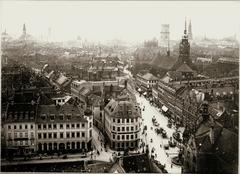 Historic view of Amagertorv Square from Sankt Nikolaj Kirke in Copenhagen, Denmark, circa 1895