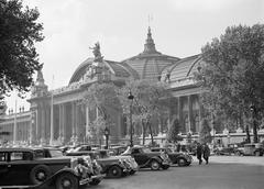Vintage cars parked in front of the Grand Palais during the 29th Salon de l'automobil in Paris 1935