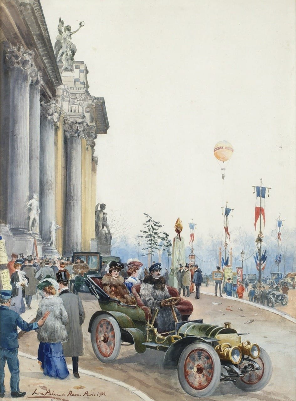 Anna Palm de Rosa watercolor painting of Mercedes outside the Grand Palais Paris 1904