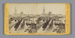 View of a quay in Cologne with the Saint Kunibert Church in the background, historical photograph from 1860-1870
