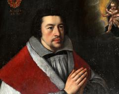 17th century portrait of a canon at St. Kunibert church in Cologne with heraldic shield featuring a well, linked to the Cologne mayor family 'zum Pütz'
