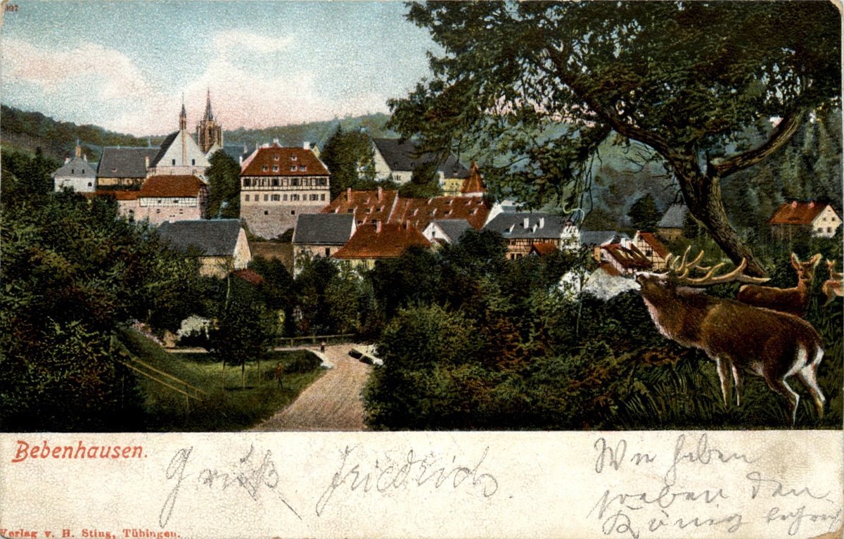 Scenic view of Bebenhausen with deer in foreground