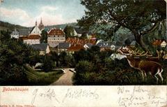 Scenic view of Bebenhausen with deer in foreground