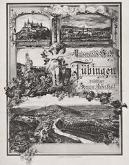 Historical drawing of the university town Tübingen in summer showing the Neckar river, Österberg hill with Kaiser-Wilhelm-Turm, Hirschauer Steg bridge and popular nearby landmarks Burg Hohenzollern, Kloster Bebenhausen and Schloss Lichtenstein