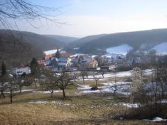 Winter panorama of Bebenhausen with snow-covered trees and historic buildings