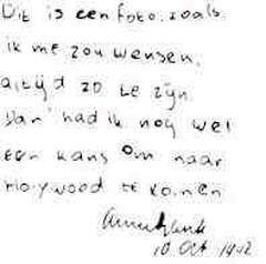 Handwritten letter by Anne Frank dated 10 Oct 1942 expressing her wish to be as in the photograph to have a chance in Hollywood