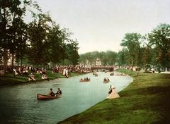 Color photochrom image of the Grand Canal on Belle Isle in Detroit, Michigan, circa 1898-1905