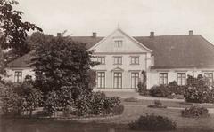 Bygdøy king's farm in 1883 with residential house, garden, bench, and children