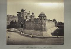 Exterior view of the Red Fort in Delhi, India, showcasing historic fort walls and palace structures
