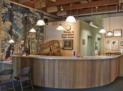 Leafy front desk with lifelike cougar at Grassy Hollow Visitor Center in California
