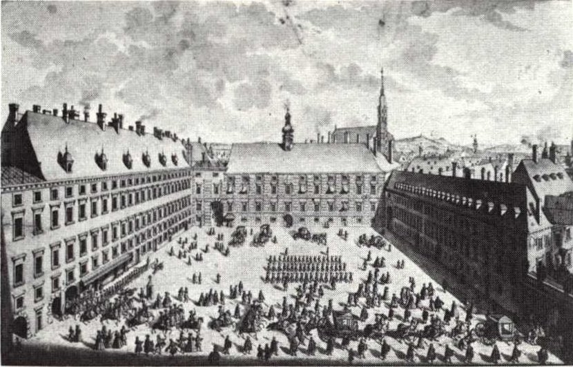 Inner courtyard of Hofburg Palace in Vienna before major renovations under Emperor Karl VI, historic drawing showing Swiss Wing to Amalienburg and Leopoldine Wing with Trumpet Arch gateway