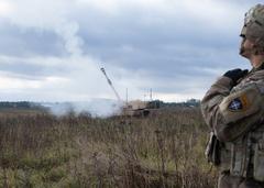 U.S. Army M109A7 Paladin howitzer firing during multinational NATO artillery exercise in Poland