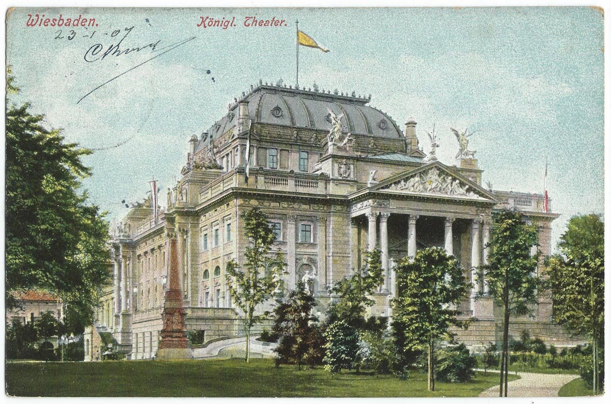 Vintage view of Wiesbaden including the Royal Theater in early 20th century