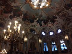 Intricately decorated foyer ceiling of Hessisches Staatstheater Wiesbaden with classical art and architectural details