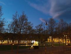 Hessisches Staatstheater Wiesbaden illuminated in blue hour viewed from Großes Haus during Turandot intermission