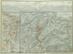 Historical map of Darjeeling hill station and surroundings with Himalaya panorama