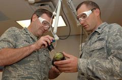 U.S. Air Force Lt. Col. demonstrating carbon dioxide fractional laser usage on eggplant to Lt. Gen. at Wilford Hall Medical Center