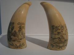 Scrimshaw carved on sperm whale teeth from Nantucket, circa 1840-1860