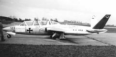Fouga CM.170 Magister AA-123 jet trainer aircraft of the new German Air Force in flight over Giebelstadt in 1958