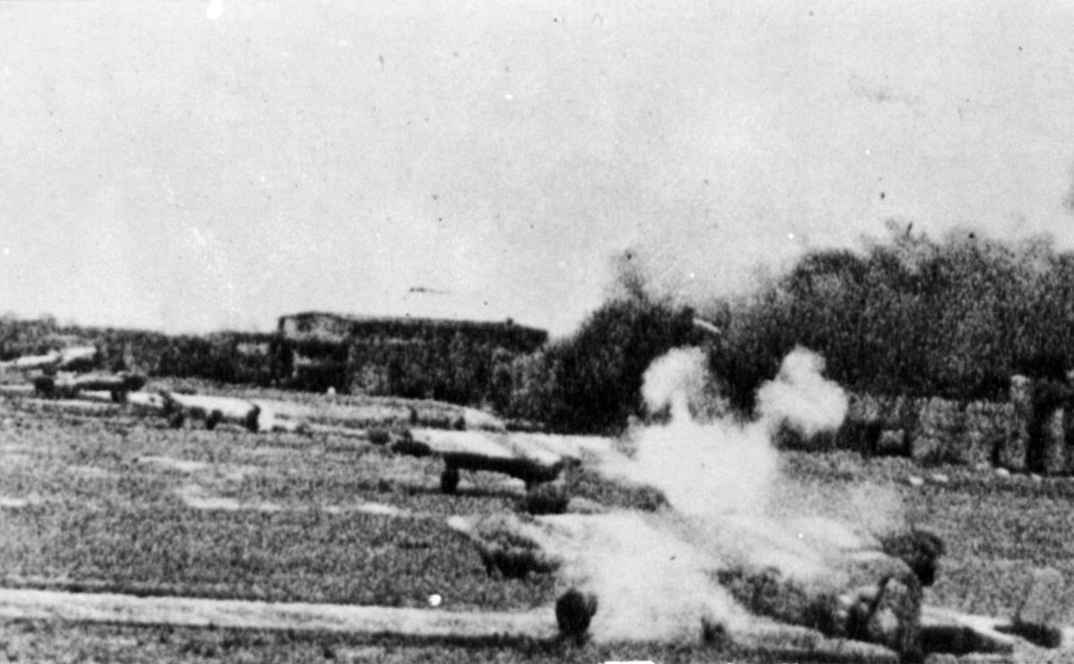 German Dornier Do 217 bombers under attack at Landsberg airfield during World War II