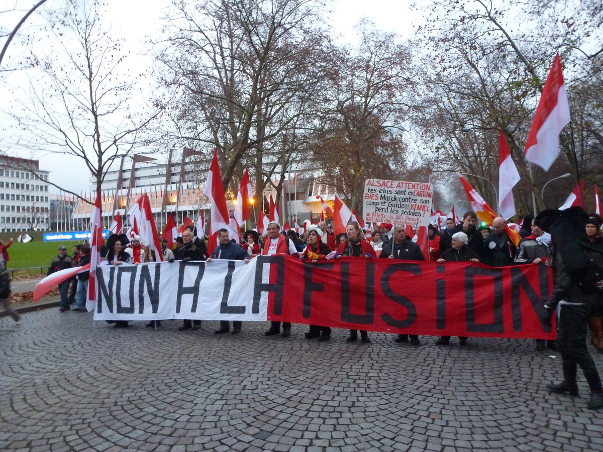 Protesters demonstrating against territorial reform and the merger of Alsace-Champagne-Ardenne-Lorraine in Strasbourg, December 13, 2014
