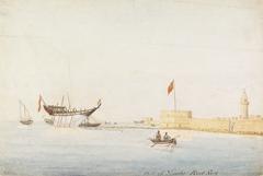 Watercolour painting of the port of Yembo (Yanbu) in Saudi Arabia, Red Sea survey 1829-1834