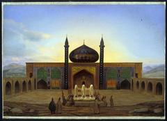 Historic architectural painting of a mosque with intricate domes and minarets