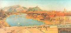 Vilnia River flowing through the city of Vilnia in a historical artistic depiction