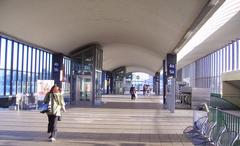 Train station in Heidelberg with platforms and trains