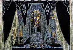 Scenic design sketch for Alexander Dargomyzhsky's opera 'The Stone Guest', featuring artistic elements in tempera, bronze, and silver on plywood