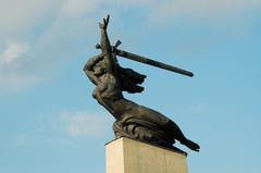 Close-up of the Warsaw Nike monument depicting a winged figure symbolizing victory in Warsaw