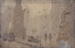 Oil painting study for Albert Square by Adolphe Valette showing a cityscape with buildings and trees