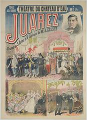 1885 lithographic theater poster showing Benito Juarez and Emperor Maximilian procession at Theatre du Chateau d'Eau, Paris